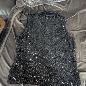 NWT SPARKLE Ann Taylor Black Sequin Sleeveless Blouse